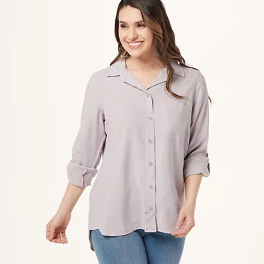 Side Stitch Tencera Button Front Tunic with Shirt Tail Hem & pocket Misty Dawn